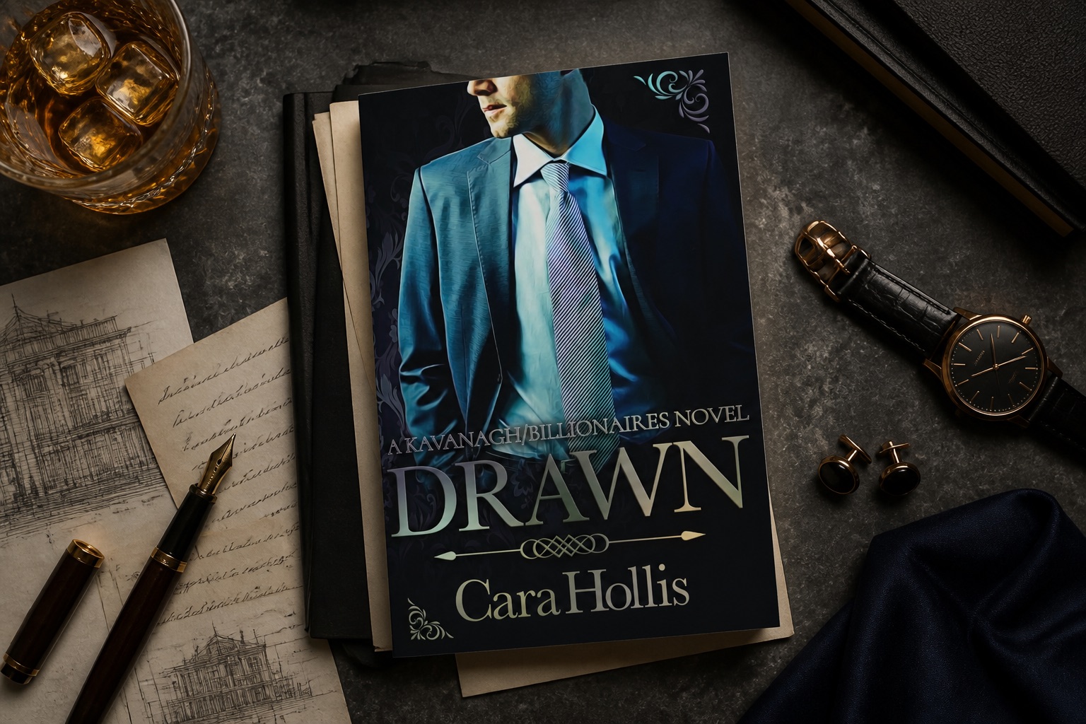 Drawn by Cara Hollis arranged with blueprints, a watch, and a glass of whiskey