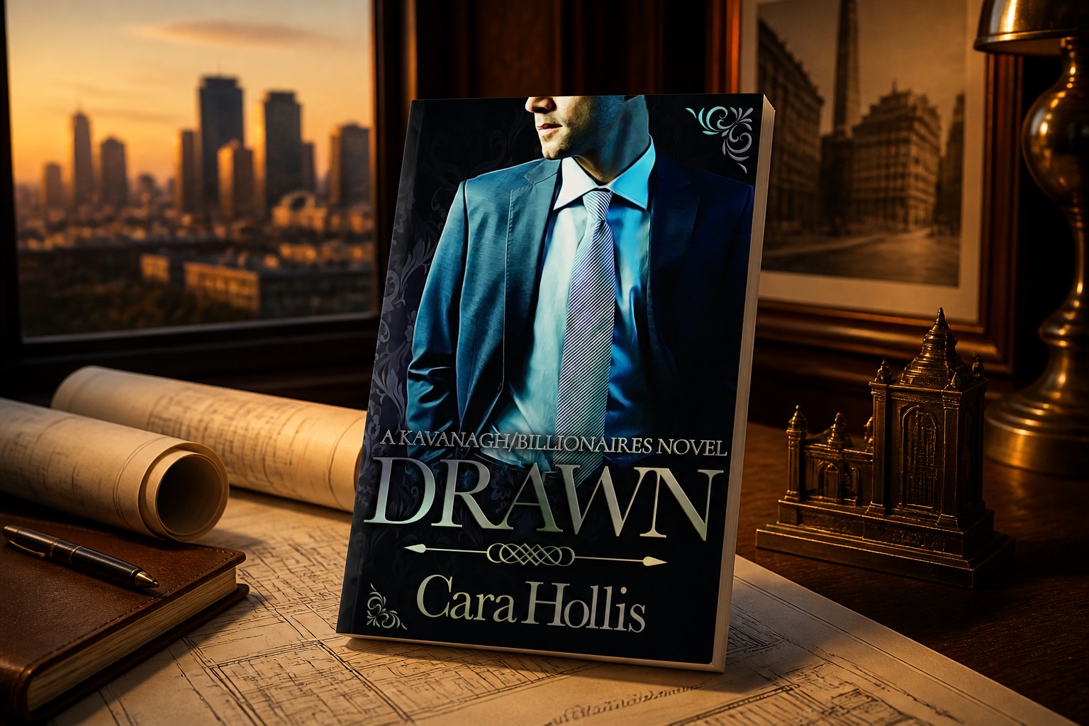Drawn by Cara Hollis standing on architectural blueprints in a warmly lit office