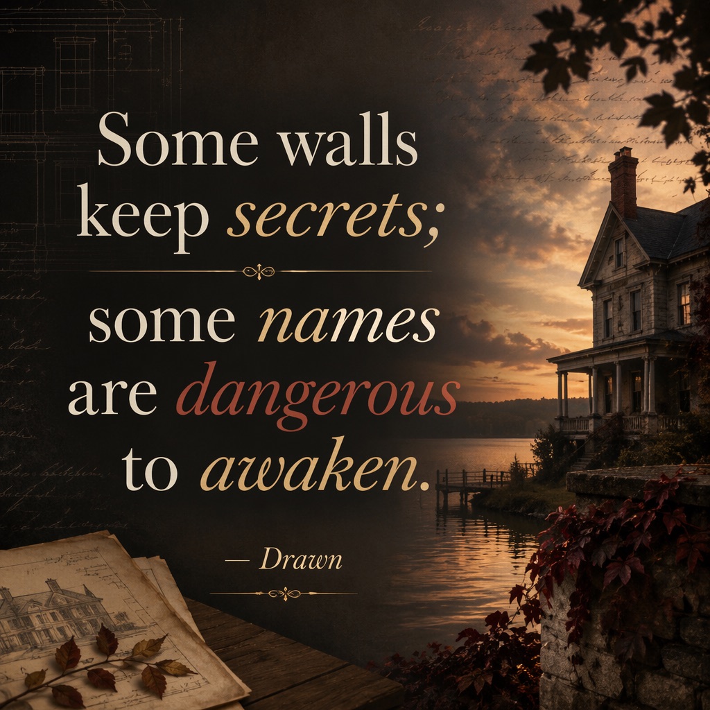 A dark lakeside house with the words: Some walls keep secrets; some names are dangerous to awaken